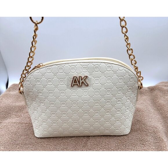 Anne Klein Triple Compartment Crossbody Bag Gold Chain Strap Monogram Design - Picture 3 of 13
